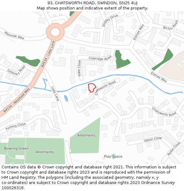 93, CHATSWORTH ROAD, SWINDON, SN25 4UJ: Location map and indicative extent of plot