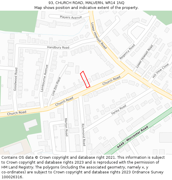 93, CHURCH ROAD, MALVERN, WR14 1NQ: Location map and indicative extent of plot