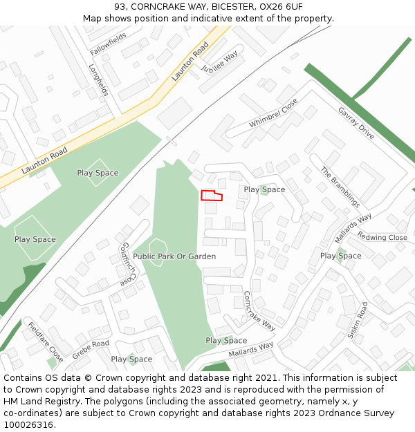 93, CORNCRAKE WAY, BICESTER, OX26 6UF: Location map and indicative extent of plot