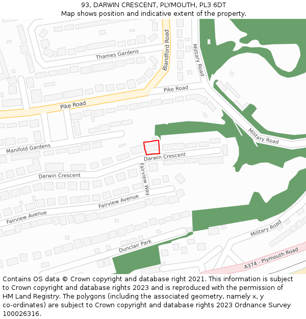 93, DARWIN CRESCENT, PLYMOUTH, PL3 6DT: Location map and indicative extent of plot