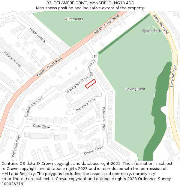 93, DELAMERE DRIVE, MANSFIELD, NG18 4DD: Location map and indicative extent of plot