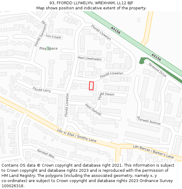 93, FFORDD LLYWELYN, WREXHAM, LL12 8JP: Location map and indicative extent of plot