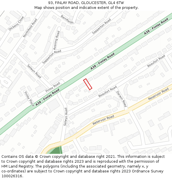 93, FINLAY ROAD, GLOUCESTER, GL4 6TW: Location map and indicative extent of plot