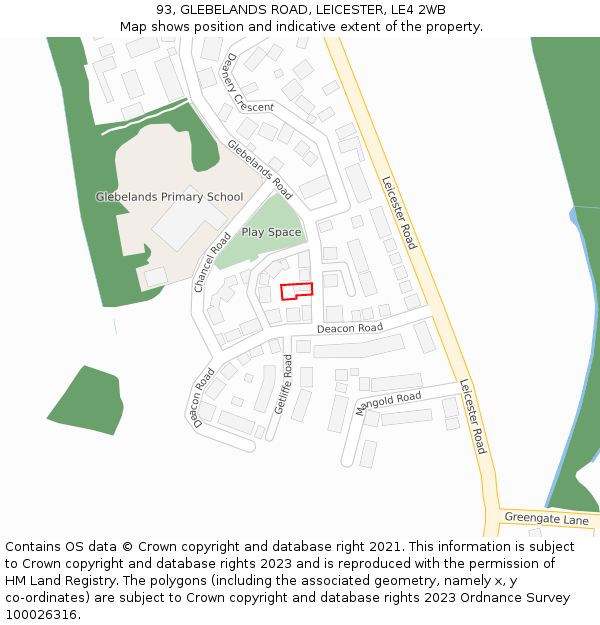 93, GLEBELANDS ROAD, LEICESTER, LE4 2WB: Location map and indicative extent of plot