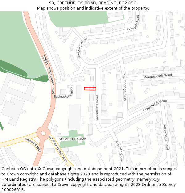 93, GREENFIELDS ROAD, READING, RG2 8SG: Location map and indicative extent of plot