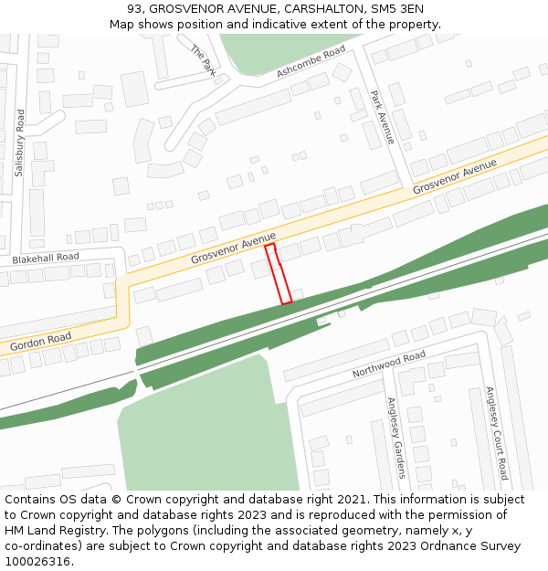 93, GROSVENOR AVENUE, CARSHALTON, SM5 3EN: Location map and indicative extent of plot