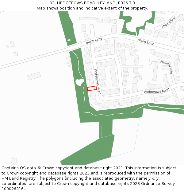 93, HEDGEROWS ROAD, LEYLAND, PR26 7JR: Location map and indicative extent of plot