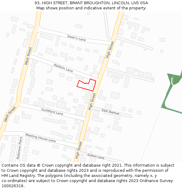 93, HIGH STREET, BRANT BROUGHTON, LINCOLN, LN5 0SA: Location map and indicative extent of plot