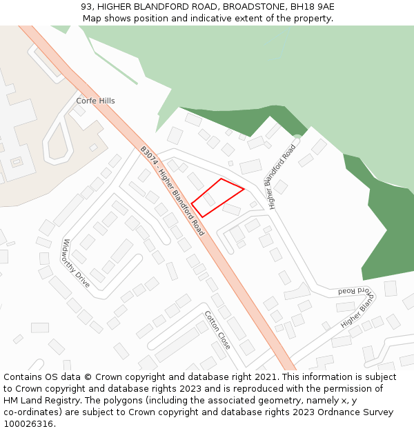 93, HIGHER BLANDFORD ROAD, BROADSTONE, BH18 9AE: Location map and indicative extent of plot