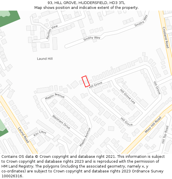 93, HILL GROVE, HUDDERSFIELD, HD3 3TL: Location map and indicative extent of plot