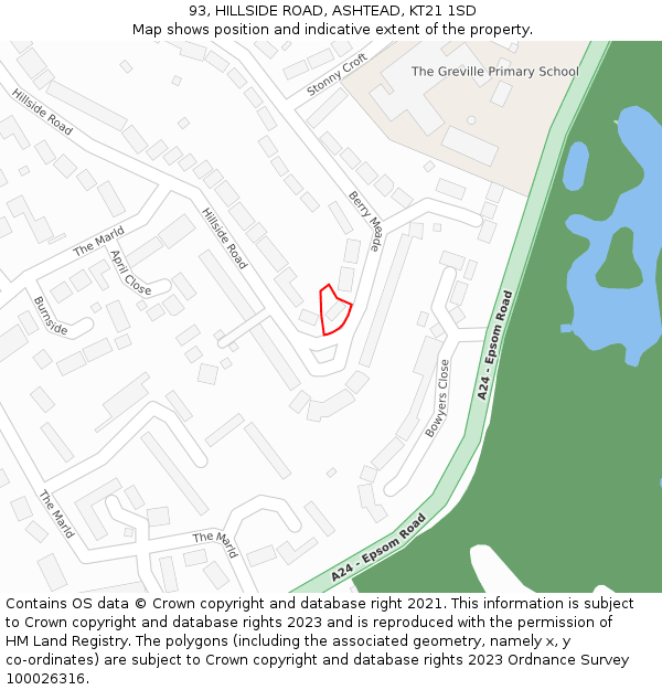 93, HILLSIDE ROAD, ASHTEAD, KT21 1SD: Location map and indicative extent of plot