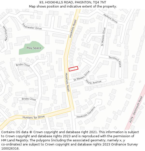 93, HOOKHILLS ROAD, PAIGNTON, TQ4 7NT: Location map and indicative extent of plot