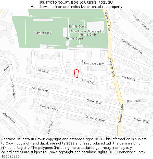 93, KYOTO COURT, BOGNOR REGIS, PO21 2UJ: Location map and indicative extent of plot