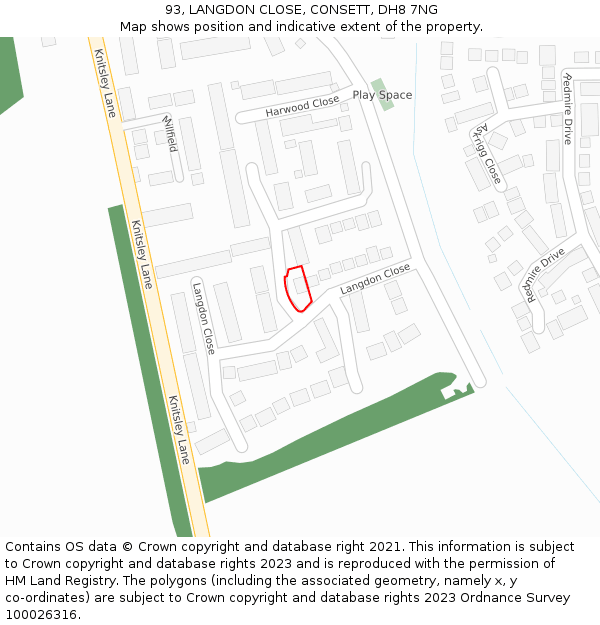 93, LANGDON CLOSE, CONSETT, DH8 7NG: Location map and indicative extent of plot
