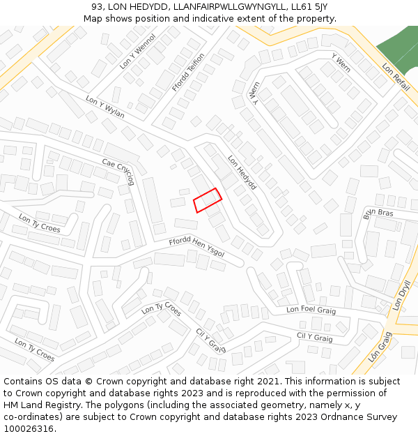93, LON HEDYDD, LLANFAIRPWLLGWYNGYLL, LL61 5JY: Location map and indicative extent of plot