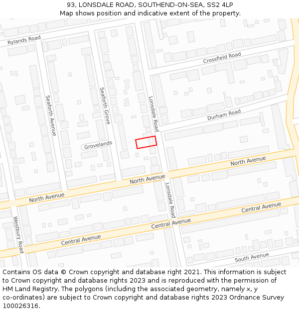93, LONSDALE ROAD, SOUTHEND-ON-SEA, SS2 4LP: Location map and indicative extent of plot