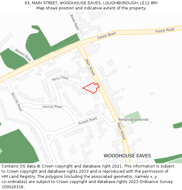 93, MAIN STREET, WOODHOUSE EAVES, LOUGHBOROUGH, LE12 8RY: Location map and indicative extent of plot