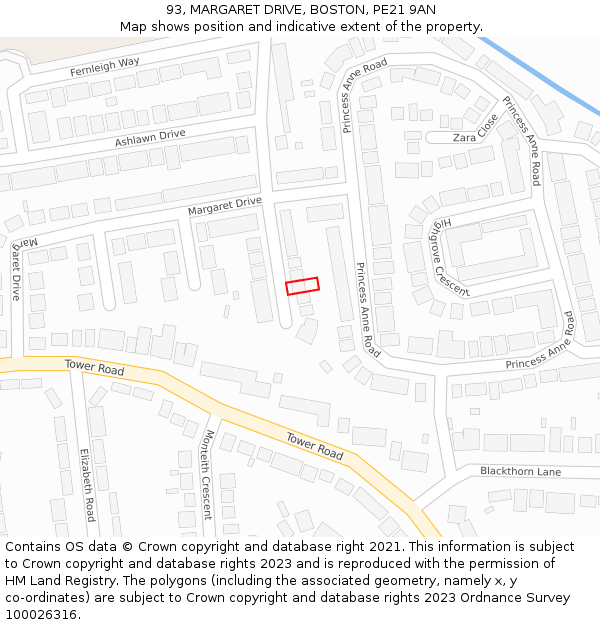 93, MARGARET DRIVE, BOSTON, PE21 9AN: Location map and indicative extent of plot