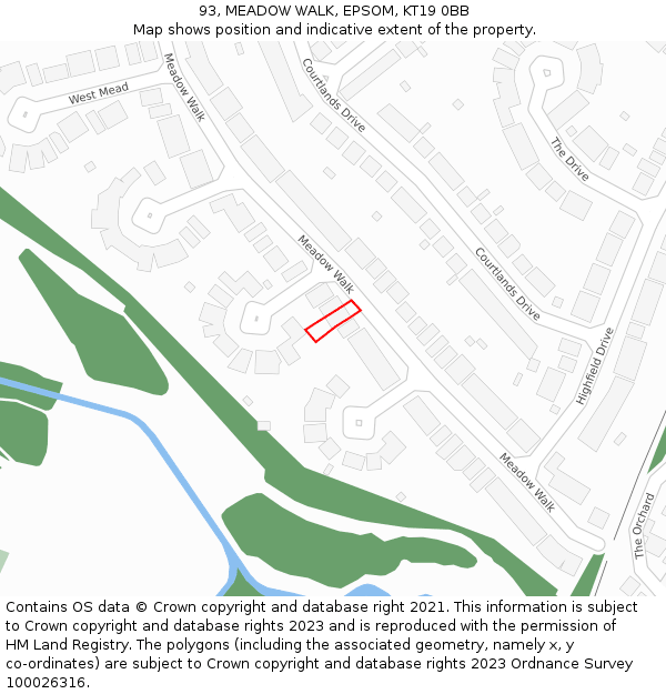 93, MEADOW WALK, EPSOM, KT19 0BB: Location map and indicative extent of plot