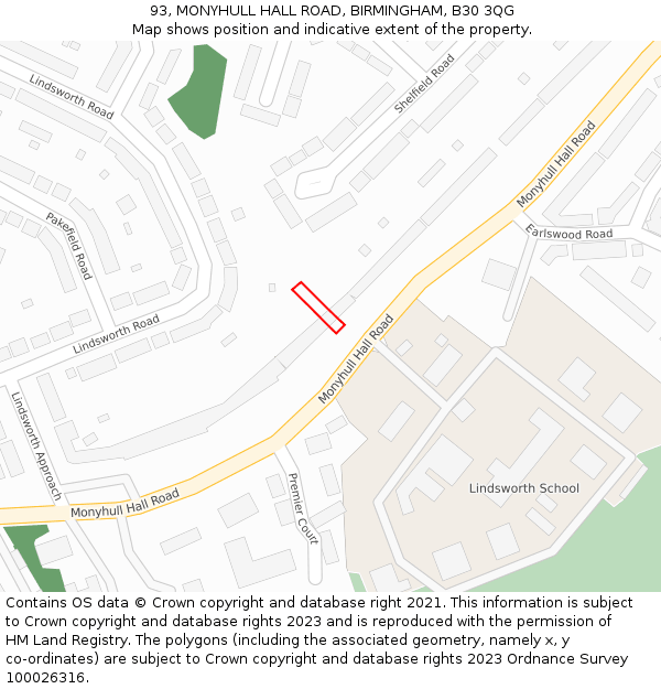93, MONYHULL HALL ROAD, BIRMINGHAM, B30 3QG: Location map and indicative extent of plot