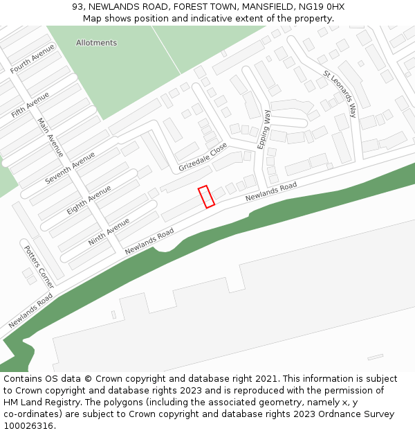 93, NEWLANDS ROAD, FOREST TOWN, MANSFIELD, NG19 0HX: Location map and indicative extent of plot