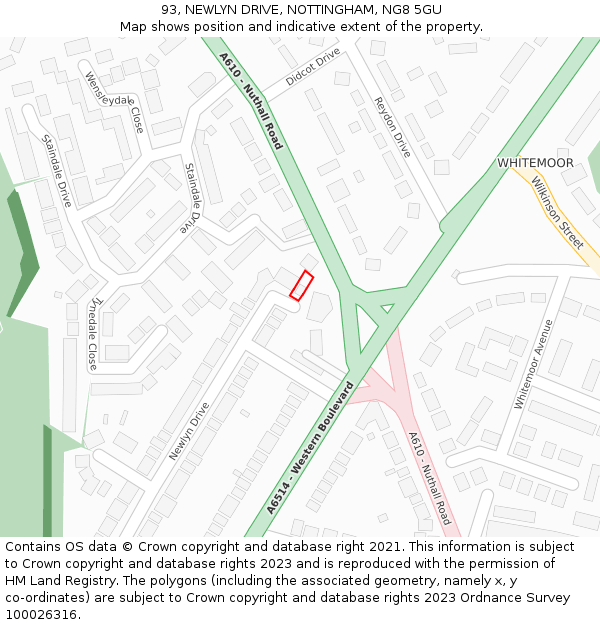 93, NEWLYN DRIVE, NOTTINGHAM, NG8 5GU: Location map and indicative extent of plot