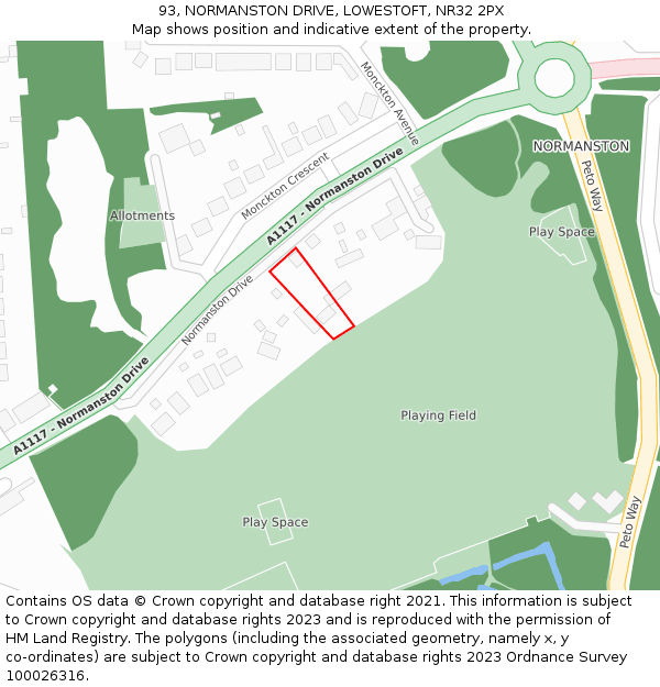 93, NORMANSTON DRIVE, LOWESTOFT, NR32 2PX: Location map and indicative extent of plot