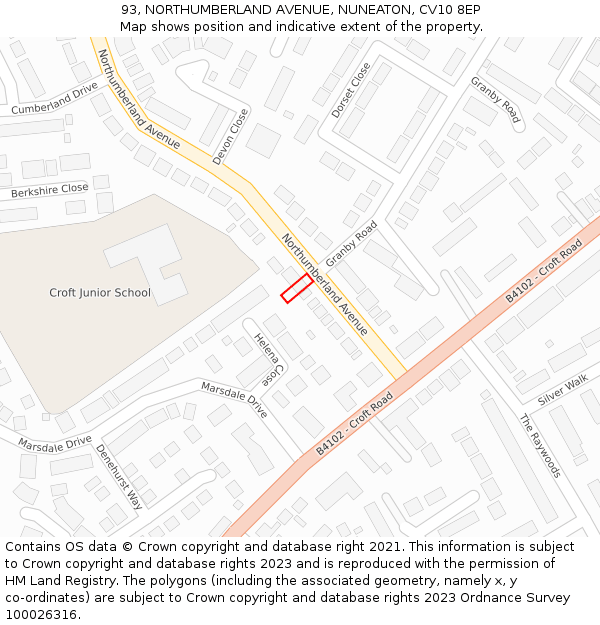 93, NORTHUMBERLAND AVENUE, NUNEATON, CV10 8EP: Location map and indicative extent of plot