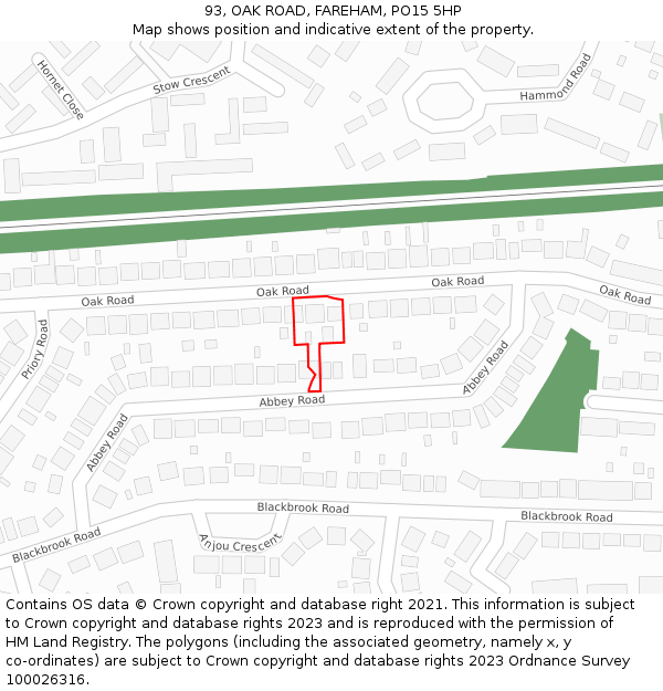 93, OAK ROAD, FAREHAM, PO15 5HP: Location map and indicative extent of plot