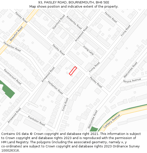 93, PAISLEY ROAD, BOURNEMOUTH, BH6 5EE: Location map and indicative extent of plot