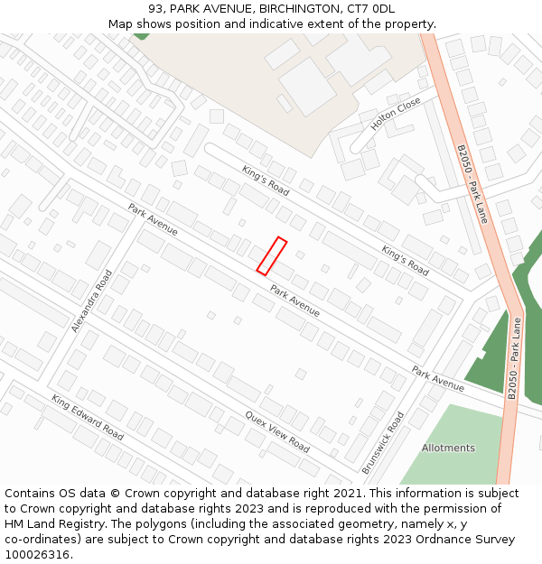 93, PARK AVENUE, BIRCHINGTON, CT7 0DL: Location map and indicative extent of plot