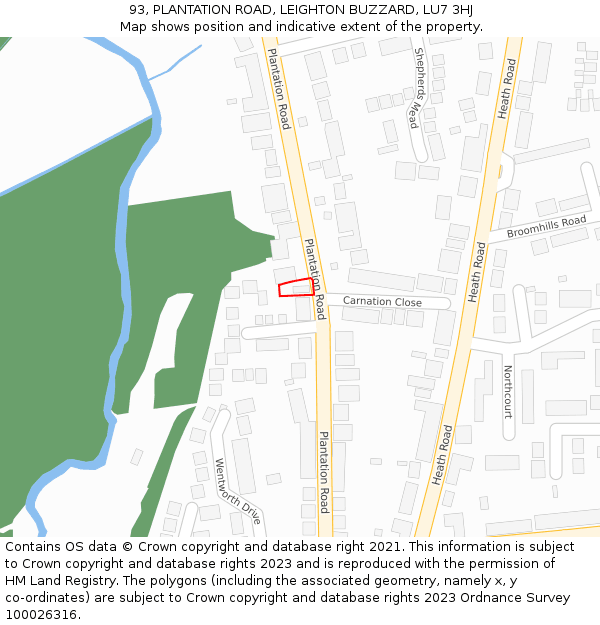 93, PLANTATION ROAD, LEIGHTON BUZZARD, LU7 3HJ: Location map and indicative extent of plot