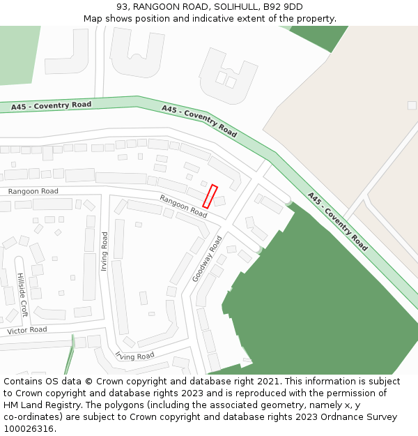 93, RANGOON ROAD, SOLIHULL, B92 9DD: Location map and indicative extent of plot