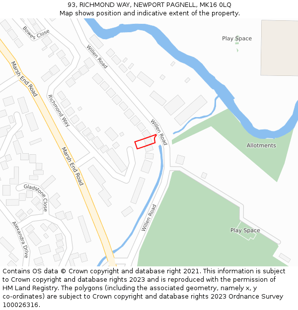 93, RICHMOND WAY, NEWPORT PAGNELL, MK16 0LQ: Location map and indicative extent of plot