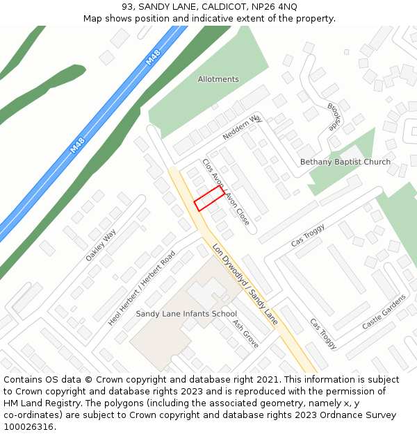 93, SANDY LANE, CALDICOT, NP26 4NQ: Location map and indicative extent of plot