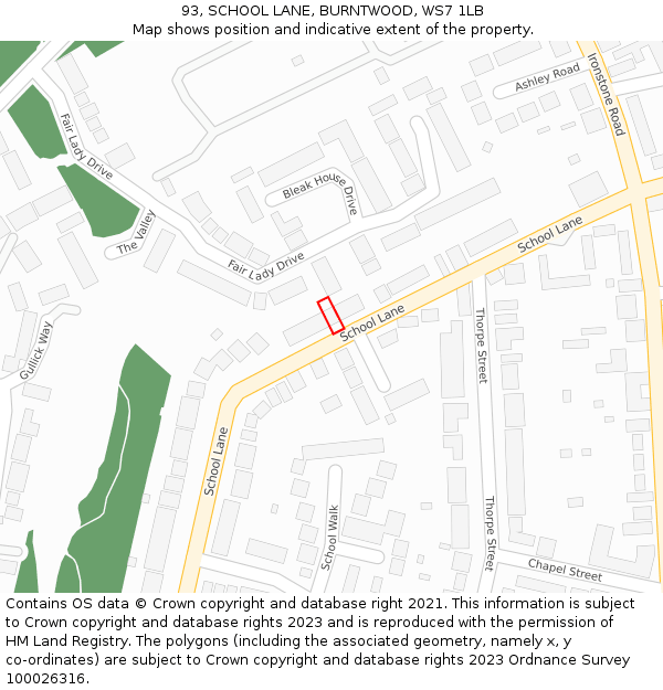 93, SCHOOL LANE, BURNTWOOD, WS7 1LB: Location map and indicative extent of plot