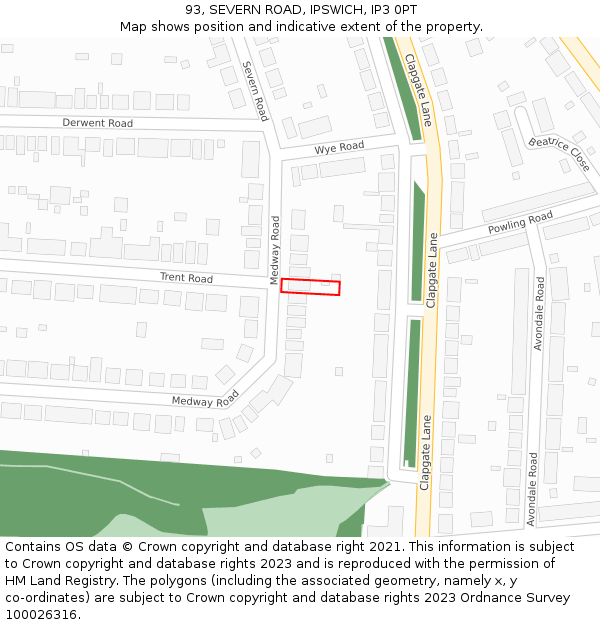 93, SEVERN ROAD, IPSWICH, IP3 0PT: Location map and indicative extent of plot
