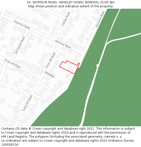 93, SEYMOUR ROAD, HEADLEY DOWN, BORDON, GU35 8JU: Location map and indicative extent of plot