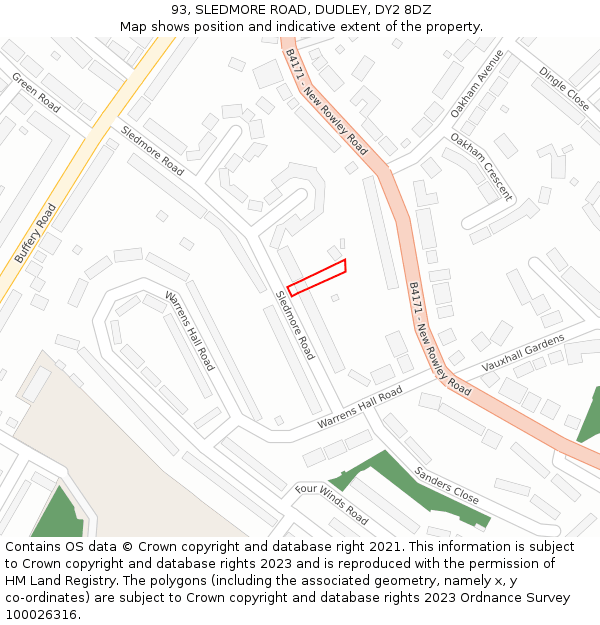 93, SLEDMORE ROAD, DUDLEY, DY2 8DZ: Location map and indicative extent of plot
