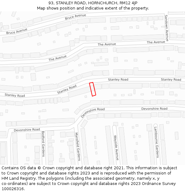 93, STANLEY ROAD, HORNCHURCH, RM12 4JP: Location map and indicative extent of plot