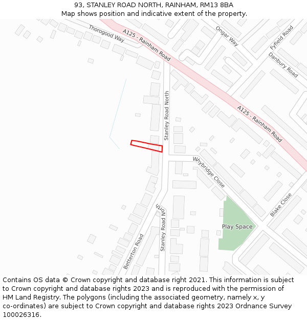 93, STANLEY ROAD NORTH, RAINHAM, RM13 8BA: Location map and indicative extent of plot