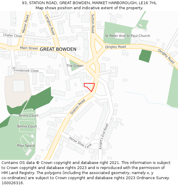 93, STATION ROAD, GREAT BOWDEN, MARKET HARBOROUGH, LE16 7HL: Location map and indicative extent of plot