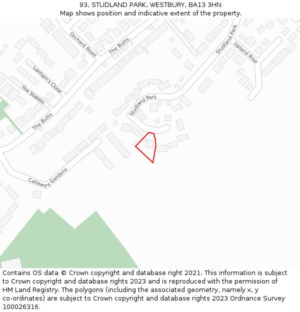 93, STUDLAND PARK, WESTBURY, BA13 3HN: Location map and indicative extent of plot