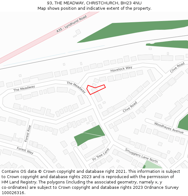 93, THE MEADWAY, CHRISTCHURCH, BH23 4NU: Location map and indicative extent of plot