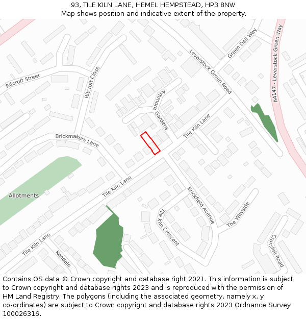 93, TILE KILN LANE, HEMEL HEMPSTEAD, HP3 8NW: Location map and indicative extent of plot