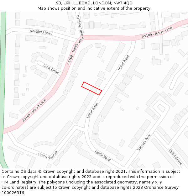 93, UPHILL ROAD, LONDON, NW7 4QD: Location map and indicative extent of plot