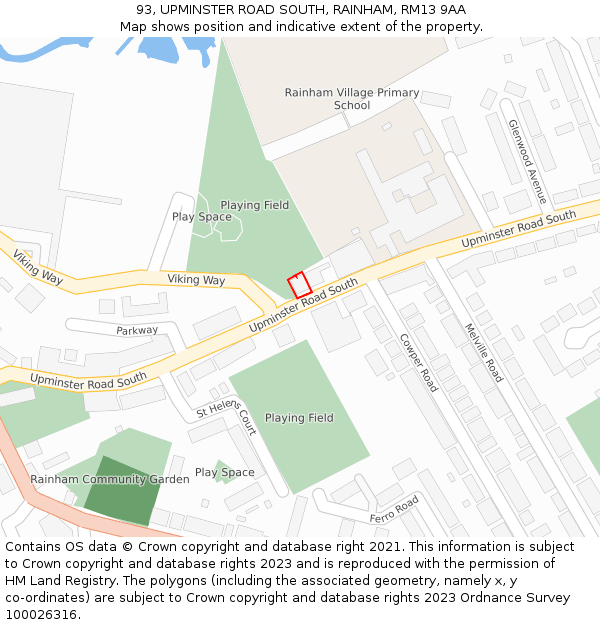 93, UPMINSTER ROAD SOUTH, RAINHAM, RM13 9AA: Location map and indicative extent of plot