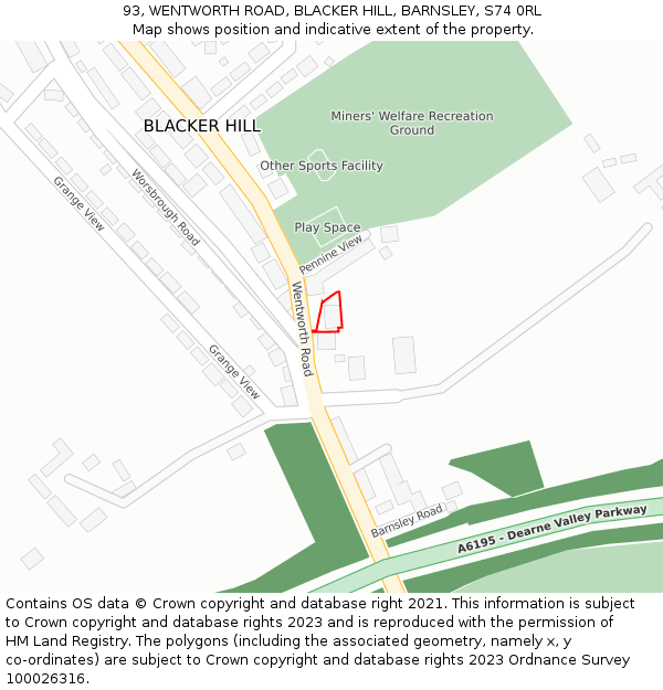 93, WENTWORTH ROAD, BLACKER HILL, BARNSLEY, S74 0RL: Location map and indicative extent of plot