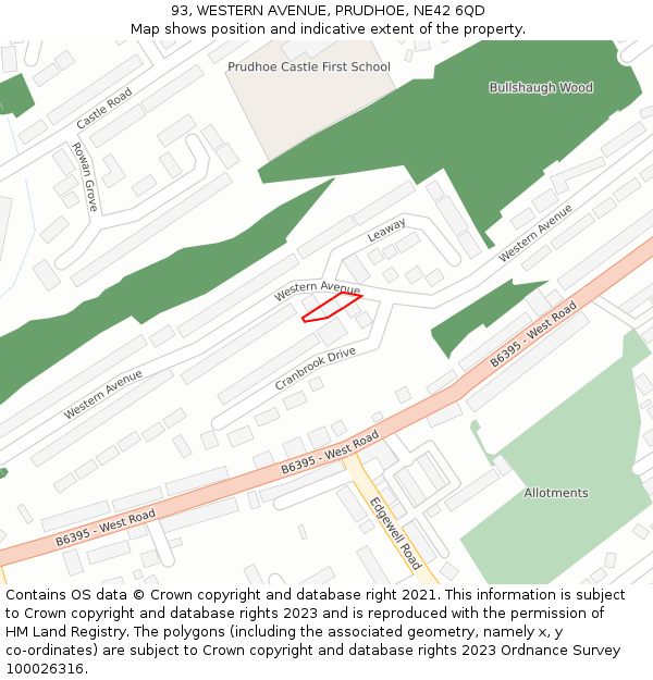 93, WESTERN AVENUE, PRUDHOE, NE42 6QD: Location map and indicative extent of plot