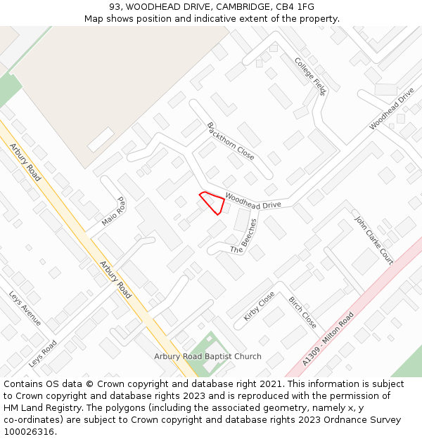 93, WOODHEAD DRIVE, CAMBRIDGE, CB4 1FG: Location map and indicative extent of plot